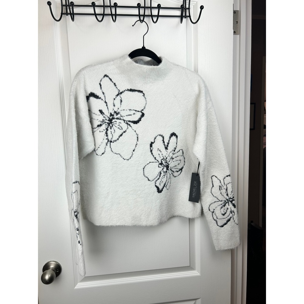 Rachel Zoe Womens White Fuzzy Eyelash Knit Floral Mock Neck Sweater Size Medium‎
